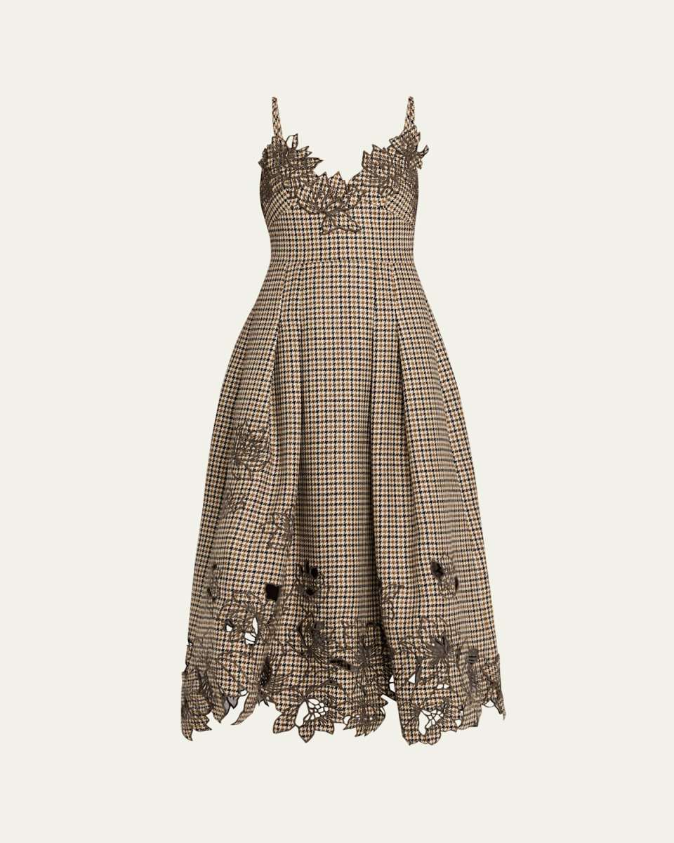 Embroidered Pied De Poule Sleeveless Midi Dress